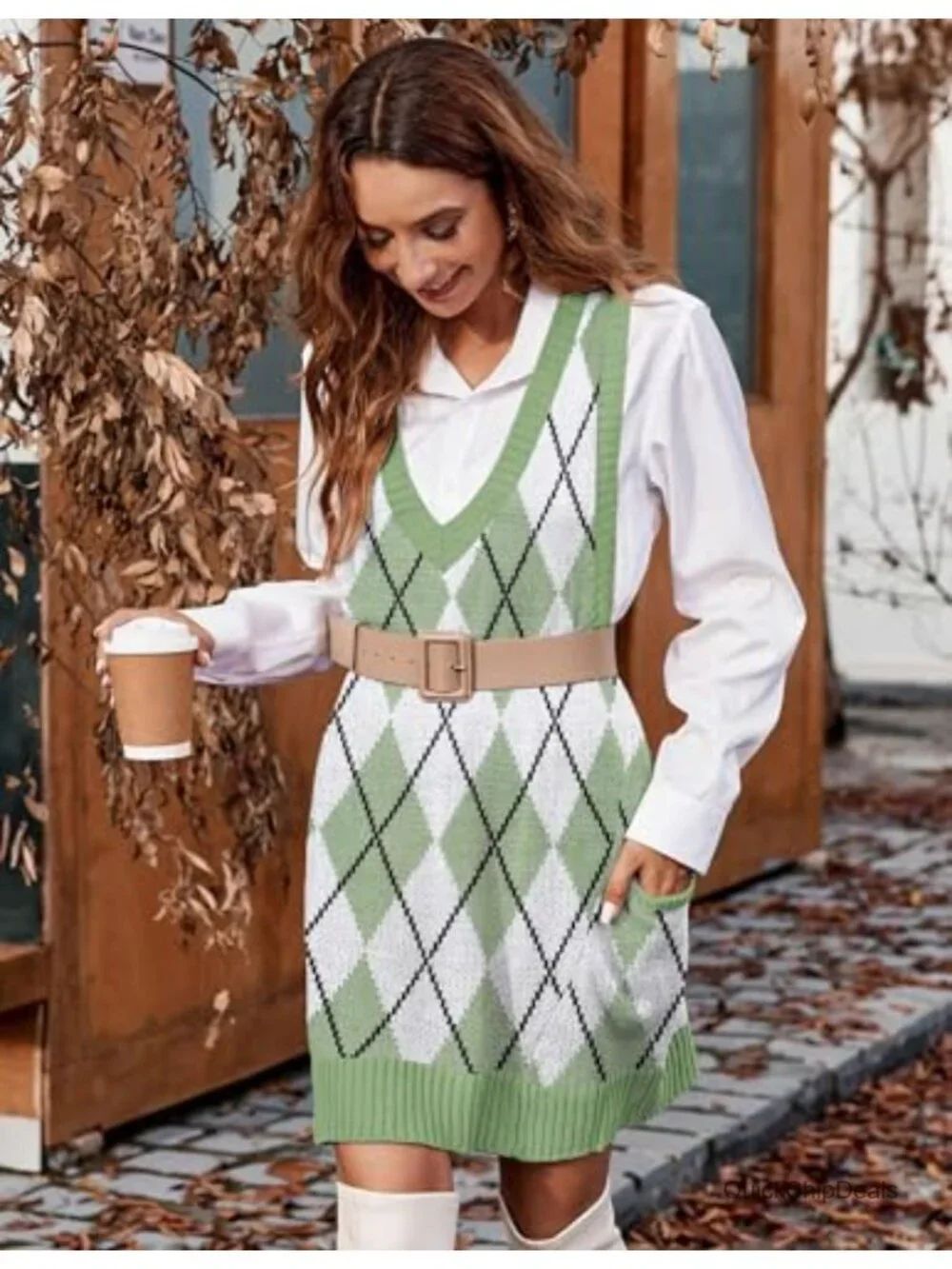 Zeagoo Knitted Sweater Vest Dress Sleeveless V-Neck A-Line with Pockets